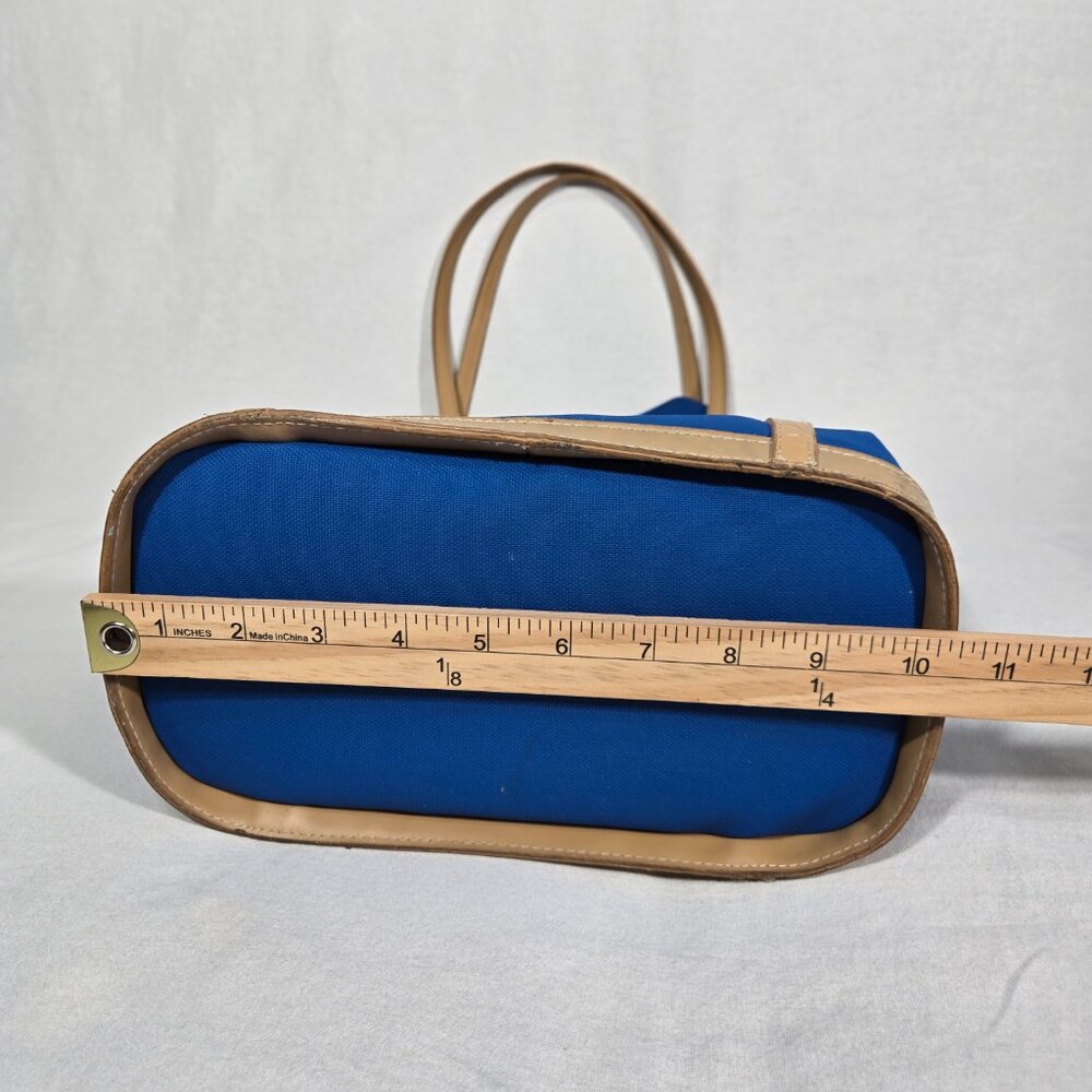VINTAGE 90s Y2K Whitney Blue Canvas & Tan Trim Open Top Structure Roomy Tote Bag - Picture 16 of 17